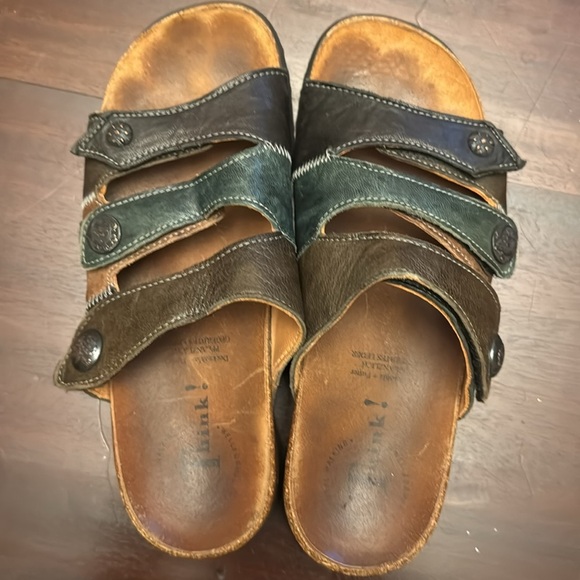 Think! Womens green/brown/black Leather Slides cork Sandals Hungary size 37 - Picture 2 of 5